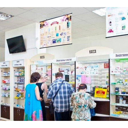 оформление торгового зала - подвесная потолочная реклама
Подвесная реклама в аптеке