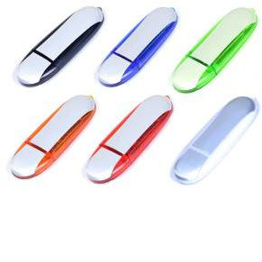 Пластиковые флешки овальной формы, с металлическими вставками.