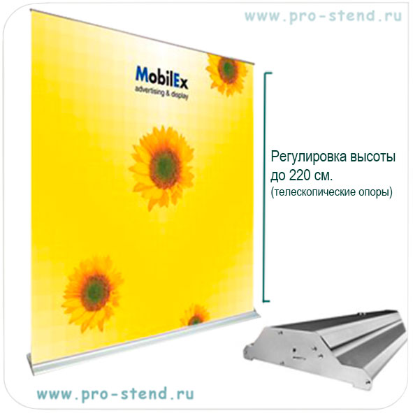 Современный стенд с широким основанием для больших рекламных баннеров.