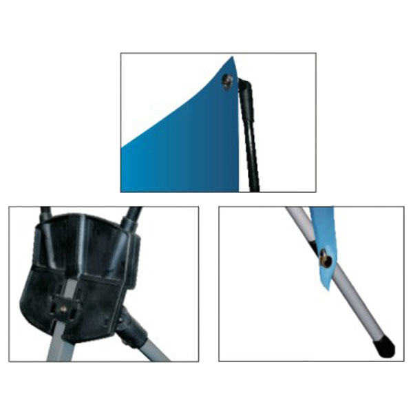 центральная часть стенда из прочного пластика, устойчивый и качественный стенд - благодаря дополнительной распорке в нижней части стенда. Легкость сборки - достаточно стенд просто повесить на крючки на стойках стенда и растянуть
прочные элементы x-banner стенда